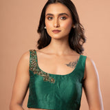 Green Raw Silk U Neck Blouse with Hand Embroidered Work - Anvi Couture