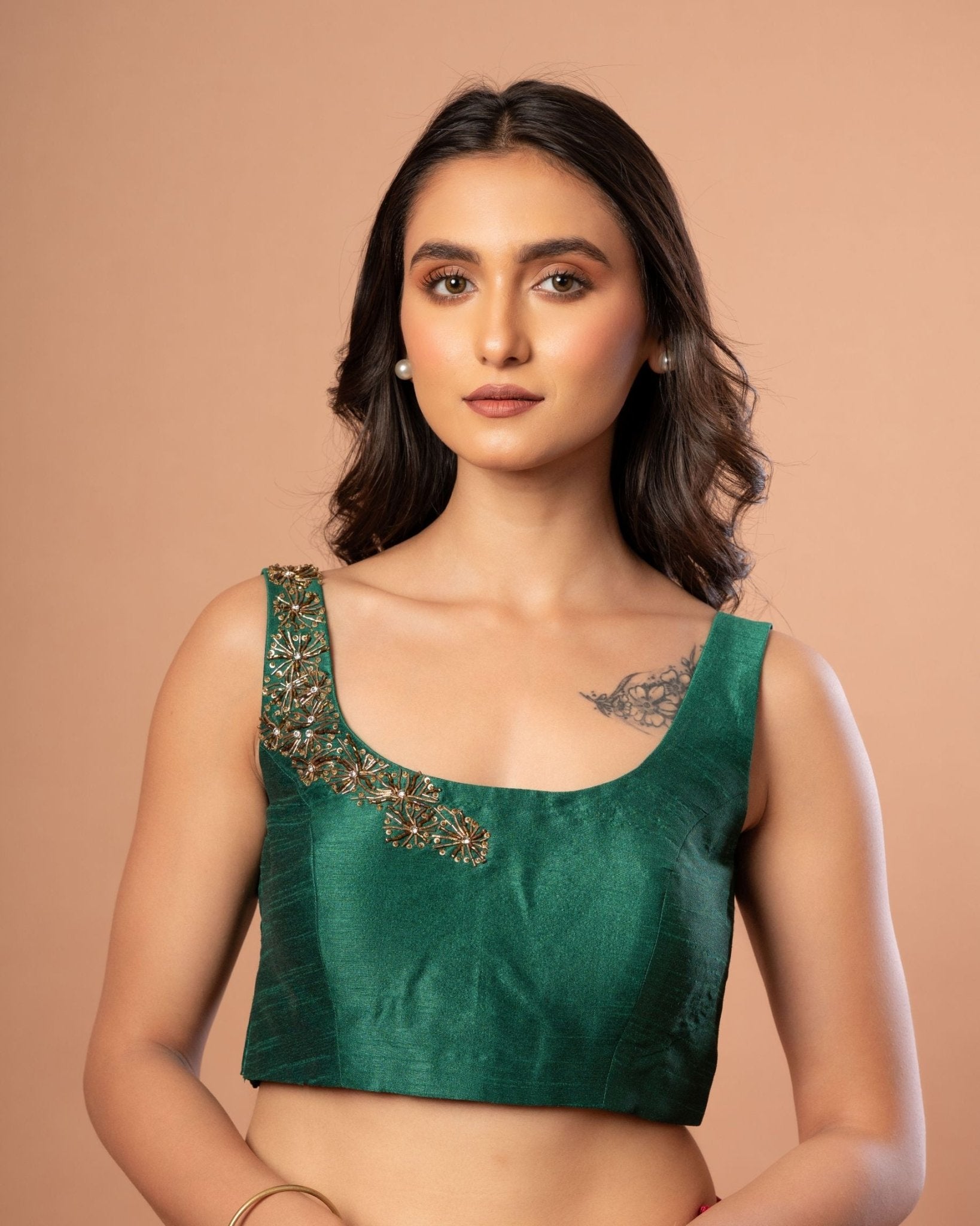 Green Raw Silk U Neck Blouse with Hand Embroidered Work - Anvi Couture