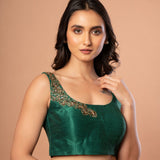 Green Raw Silk U Neck Blouse with Hand Embroidered Work - Anvi Couture