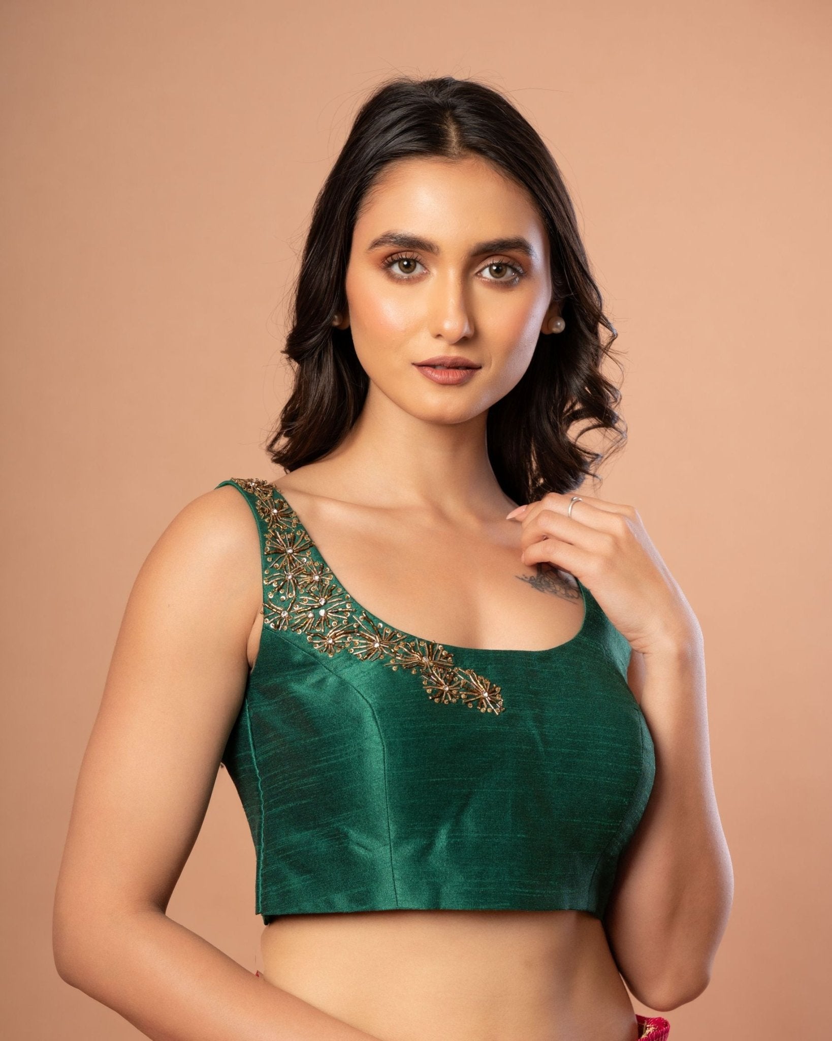 Green Raw Silk U Neck Blouse with Hand Embroidered Work - Anvi Couture