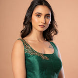 Green Raw Silk U Neck Blouse with Hand Embroidered Work - Anvi Couture