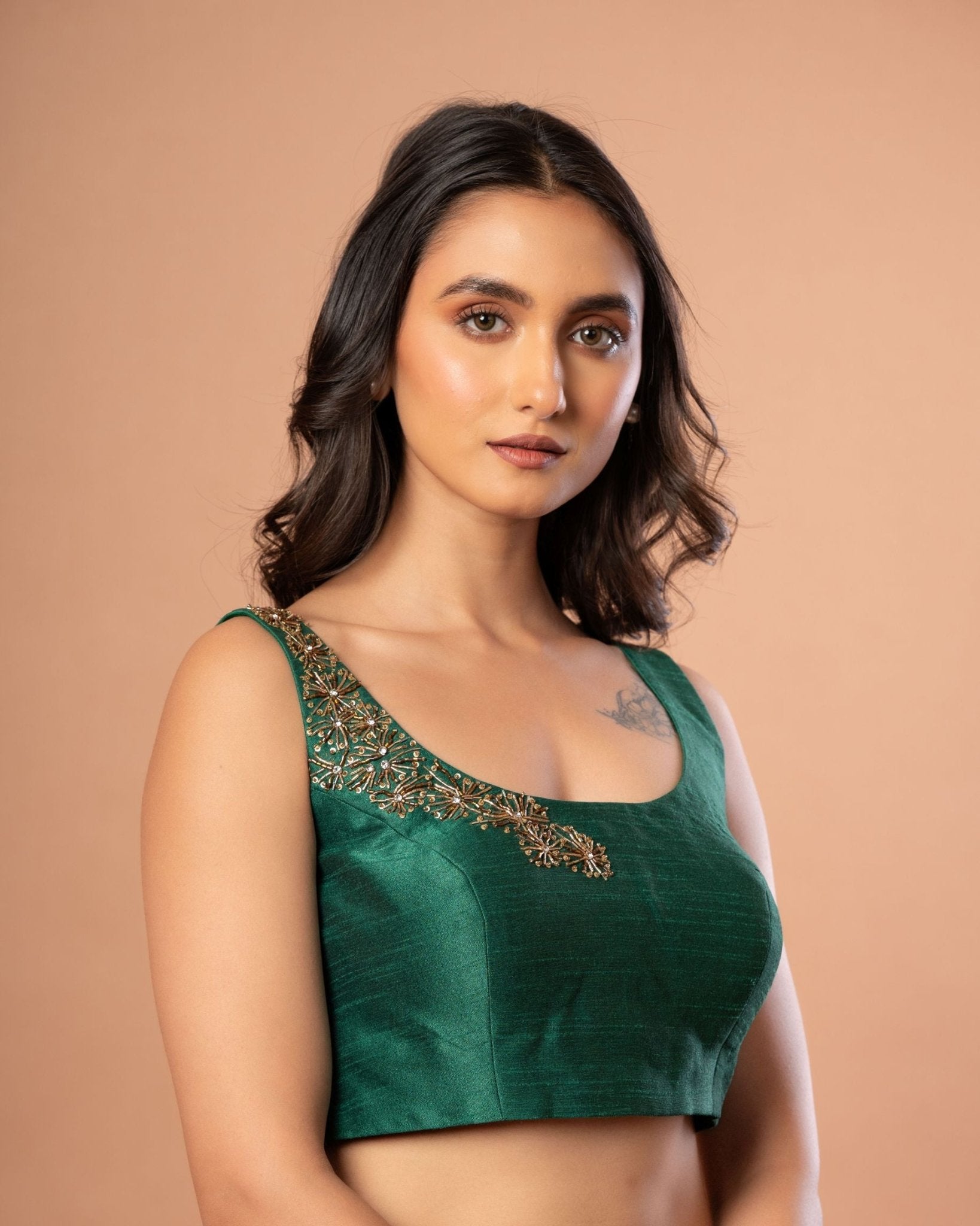 Green Raw Silk U Neck Blouse with Hand Embroidered Work - Anvi Couture