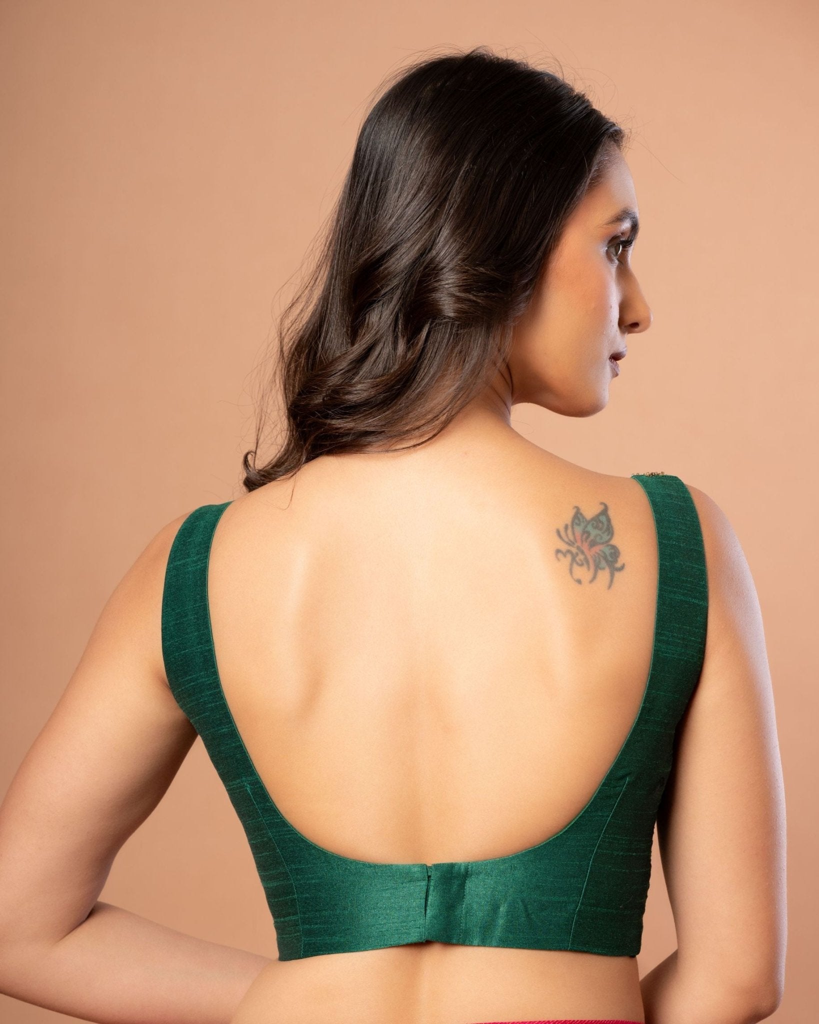 Green Raw Silk U Neck Blouse with Hand Embroidered Work - Anvi Couture