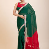 Green Red Hand Embroidered Designer Saree - Front
