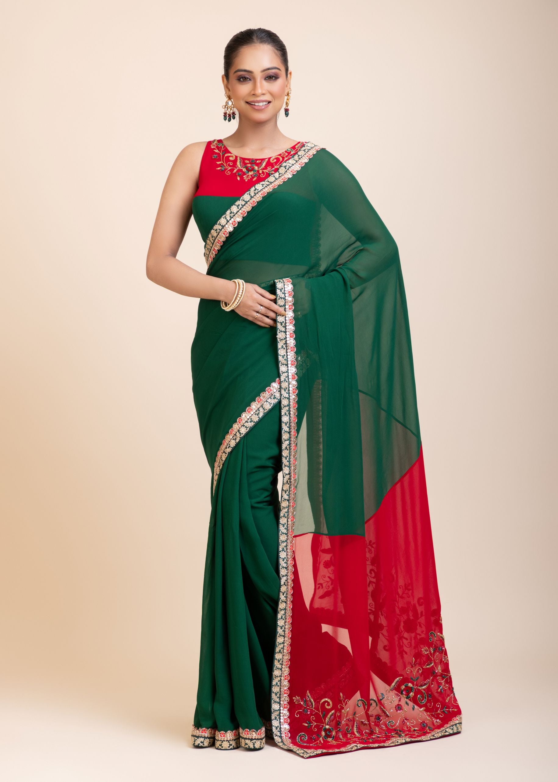 Green Red Hand Embroidered Designer Saree - Front
