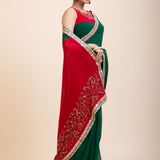 Green Red Hand Embroidered Designer Saree -Side
