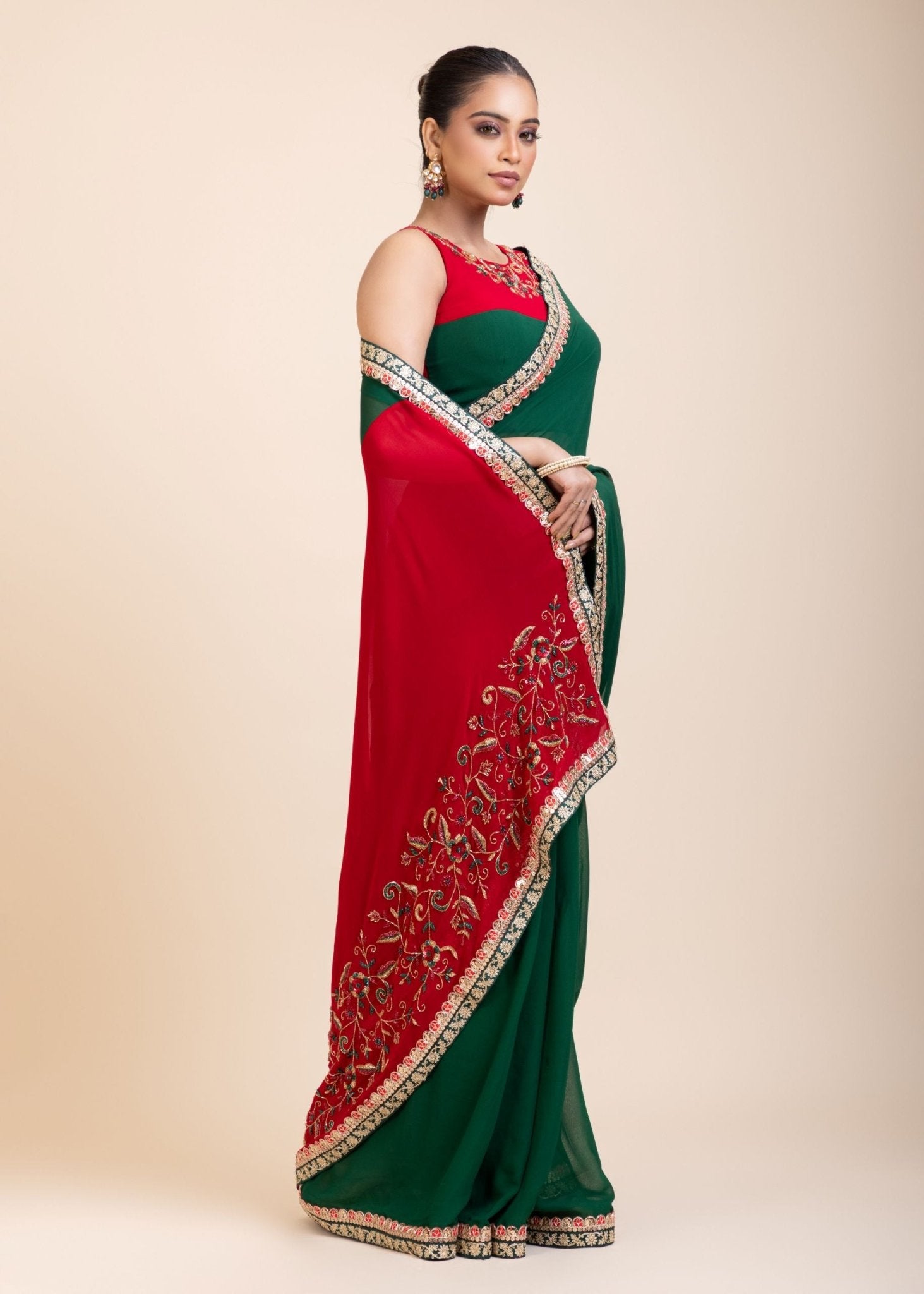 Green Red Hand Embroidered Designer Saree - Anvi Couture