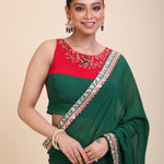 Green Red Hand Embroidered Designer Saree - Close
 