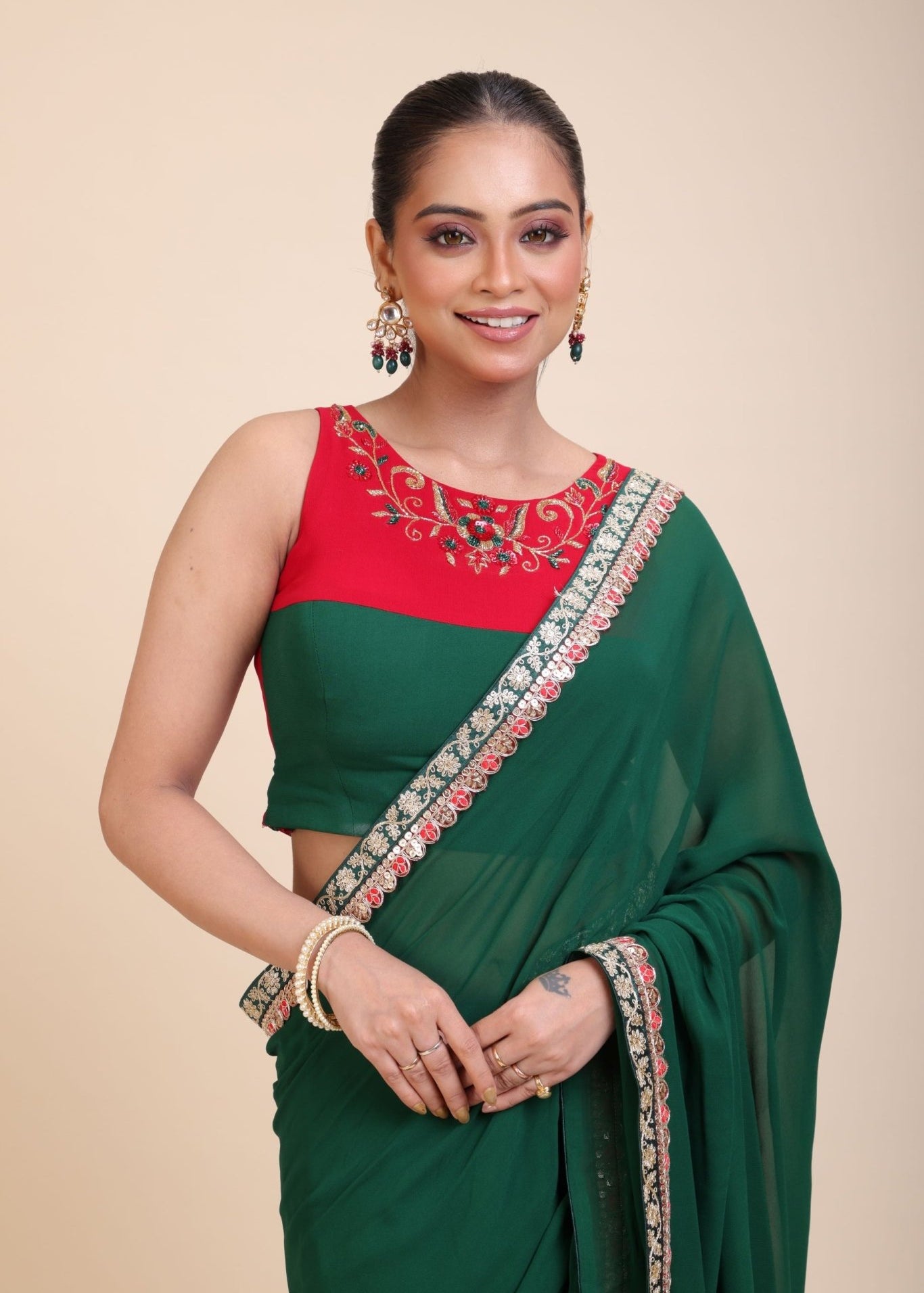 Green Red Hand Embroidered Designer Saree - Anvi Couture