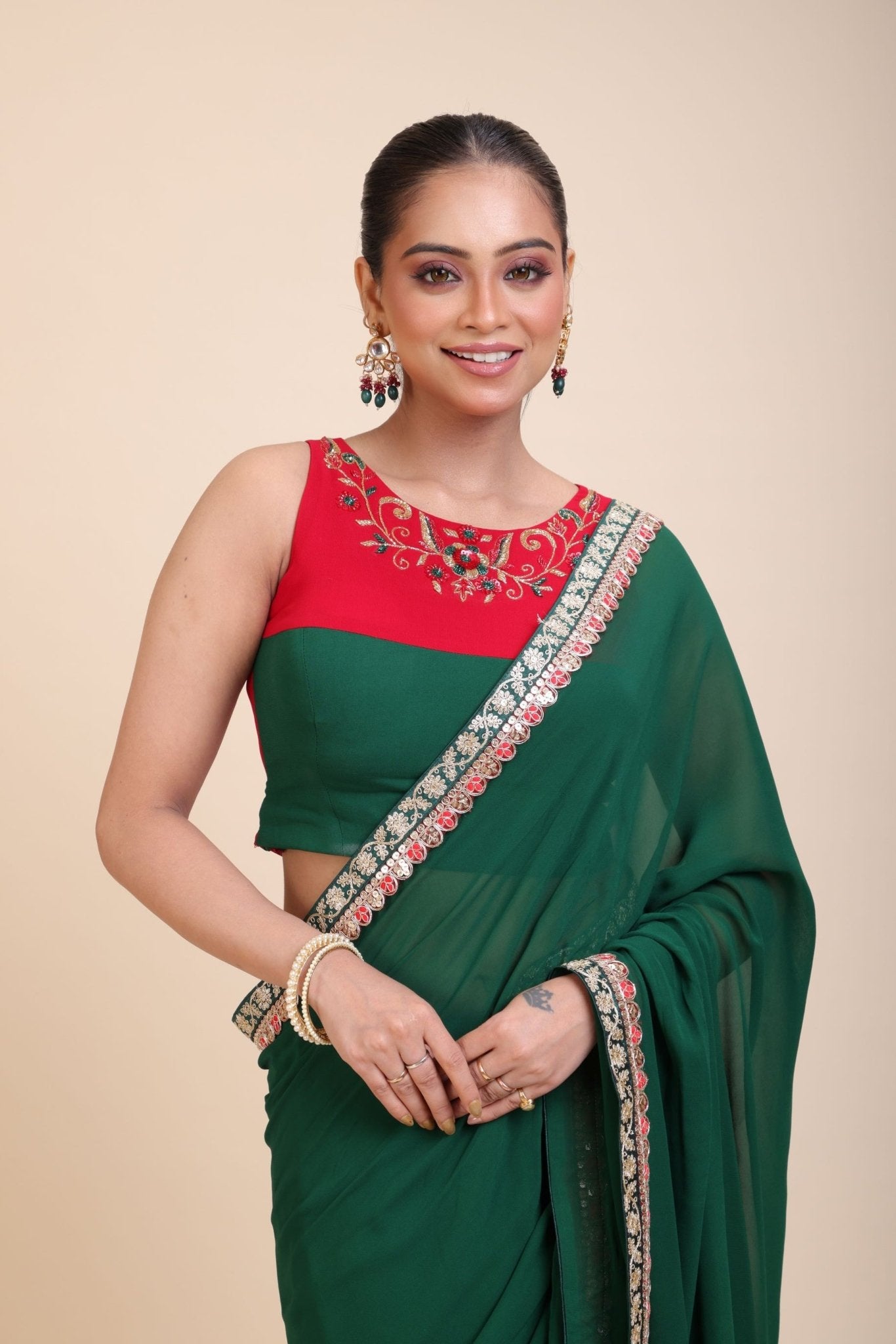 Green Red Hand Embroidered Designer Saree - Anvi Couture