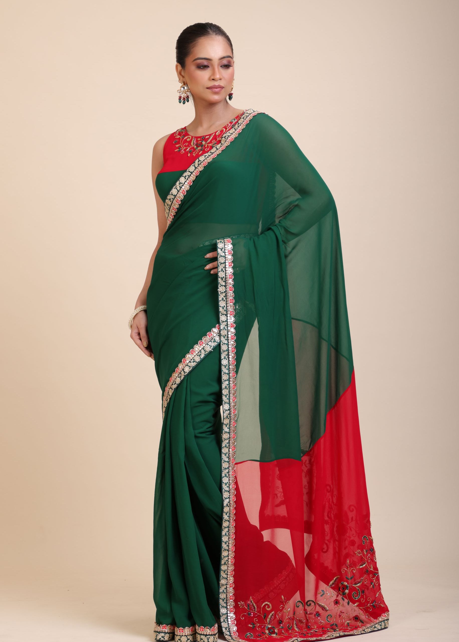 Green Red Hand Embroidered Designer Saree - Pallu
 