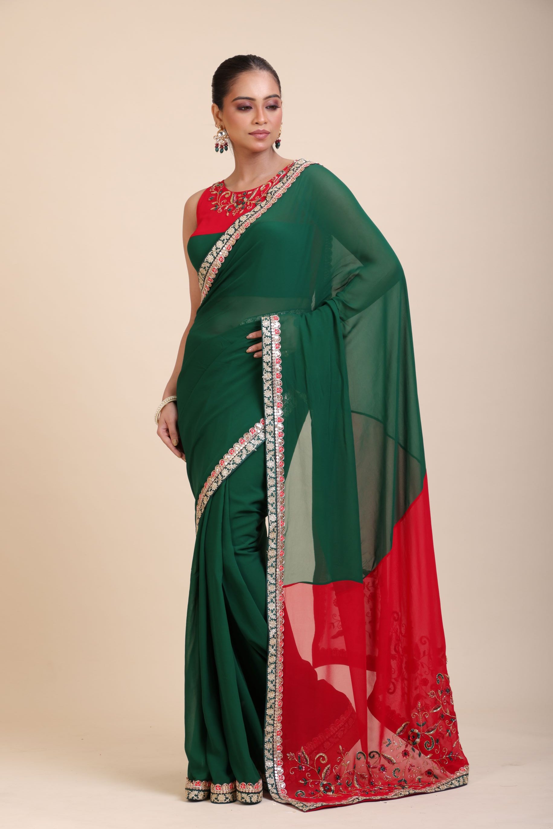 Green Red Hand Embroidered Designer Saree - Pallu
 