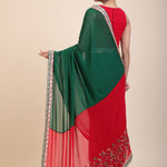 Green Red Hand Embroidered Designer Saree - Back
