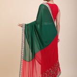 Green Red Hand Embroidered Designer Saree - Back
