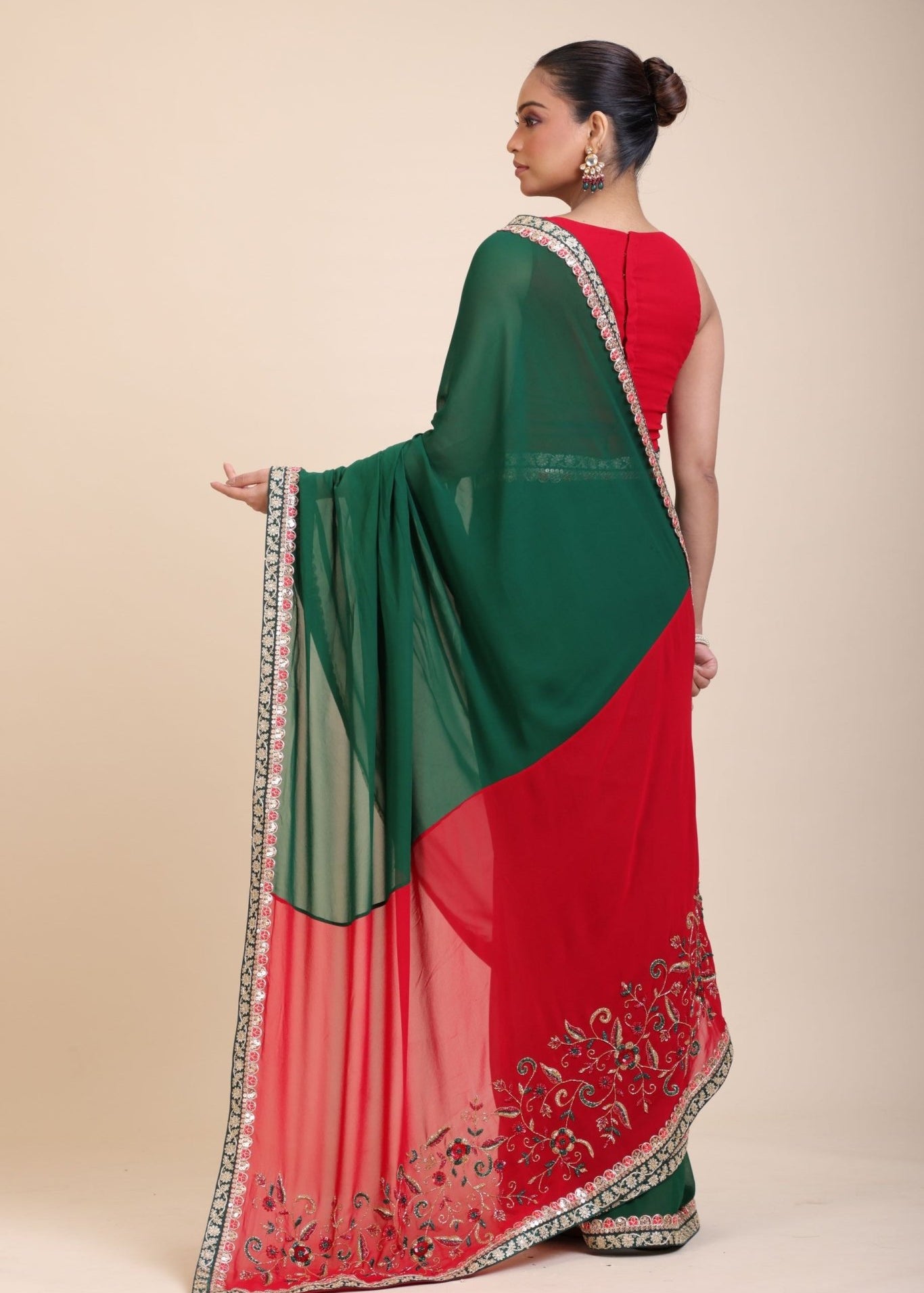Green Red Hand Embroidered Designer Saree - Anvi Couture