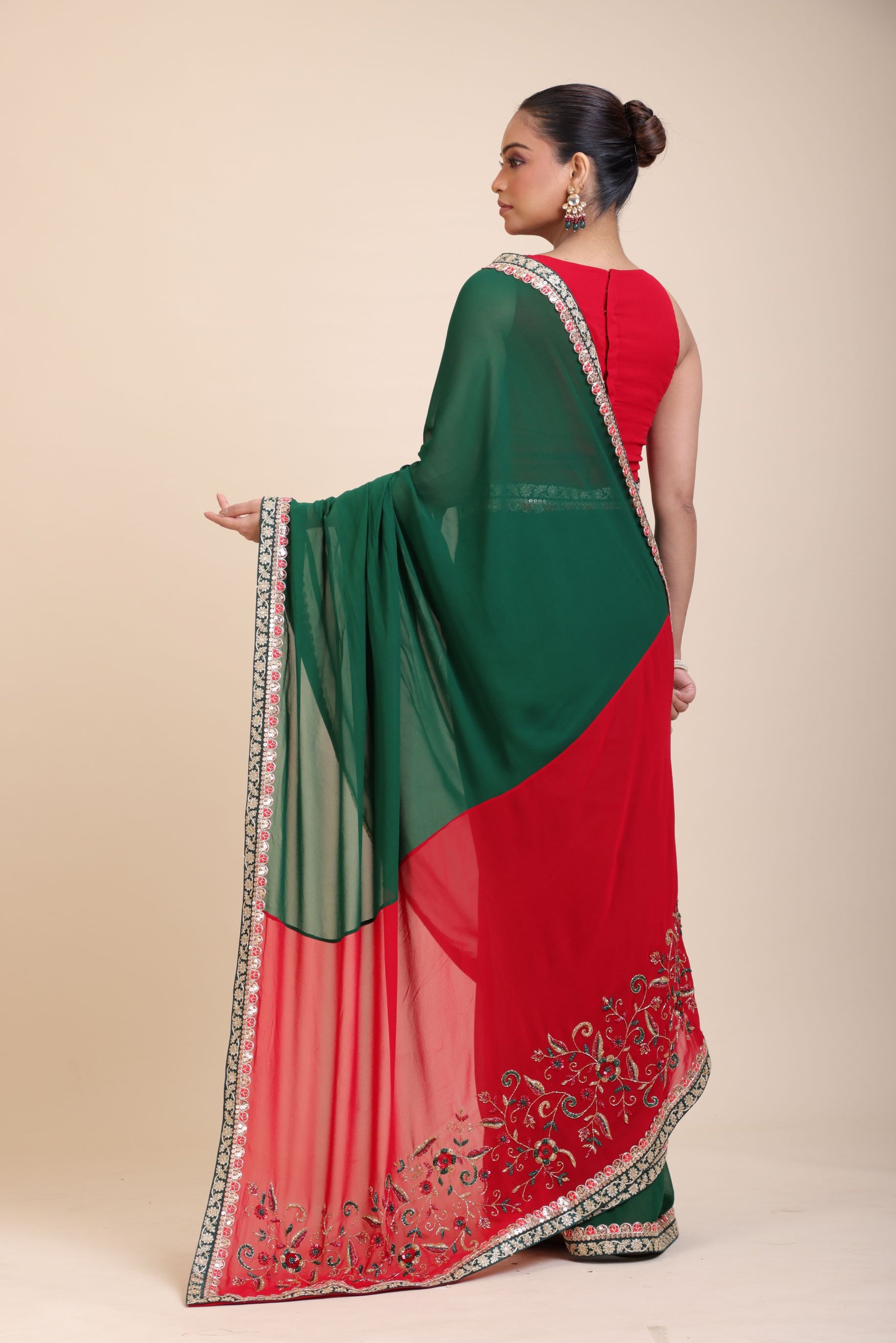 Green Red Hand Embroidered Designer Saree - Back
