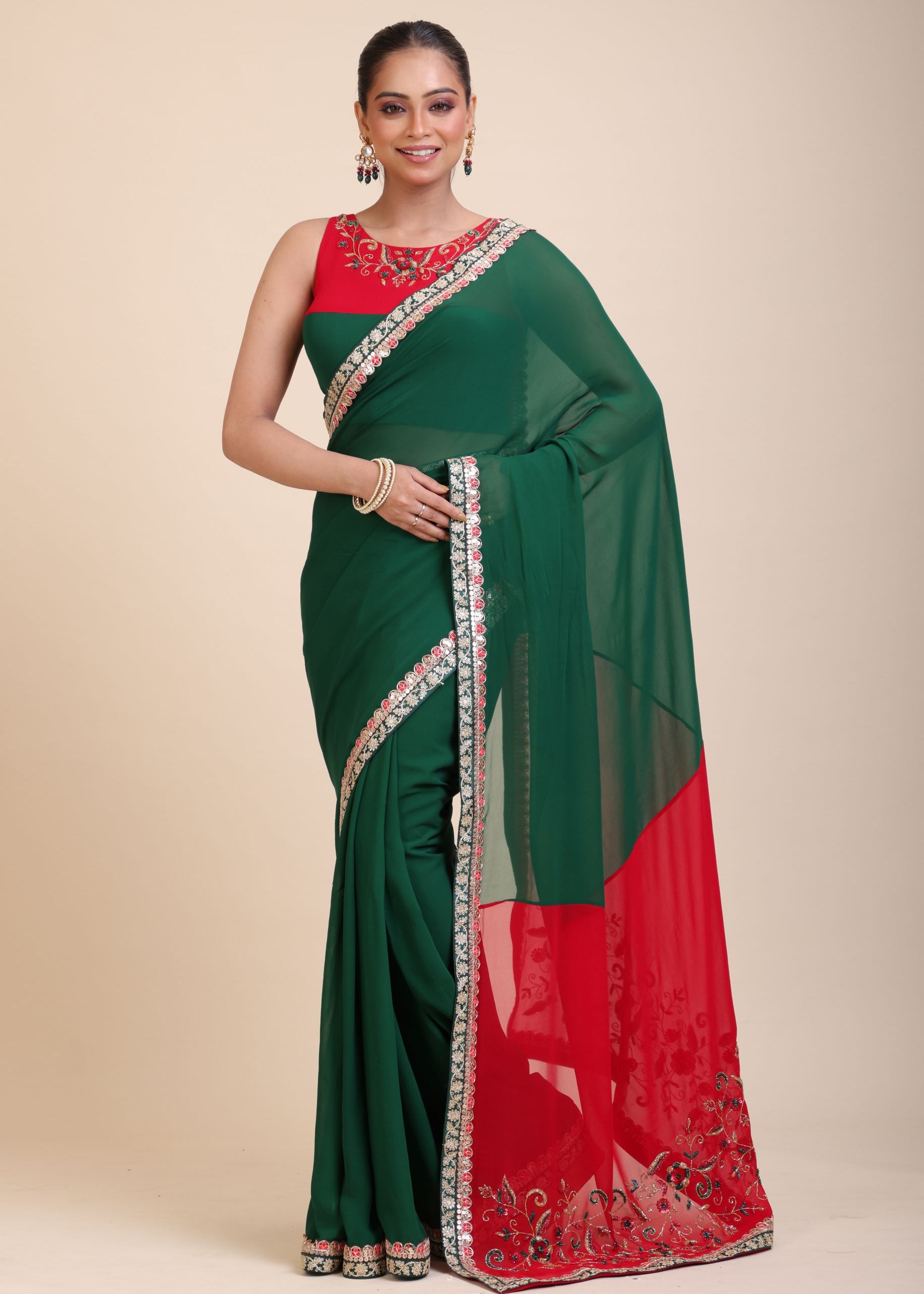 Green Red Hand Embroidered Designer Saree Full

