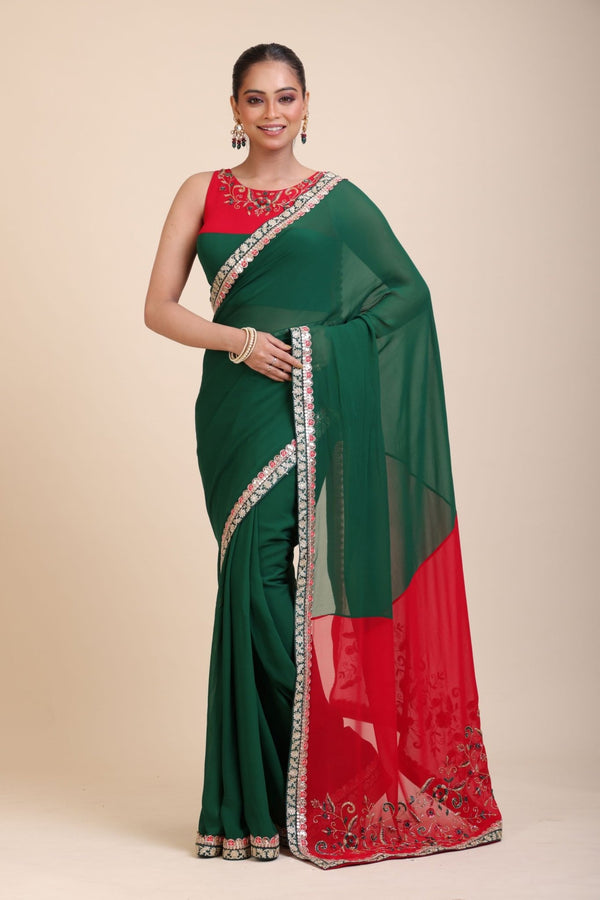 Green Red Hand Embroidered Designer Saree - Anvi Couture