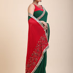 Green Red Hand Embroidered Designer Saree Front

