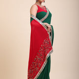 Green Red Hand Embroidered Designer Saree Front

