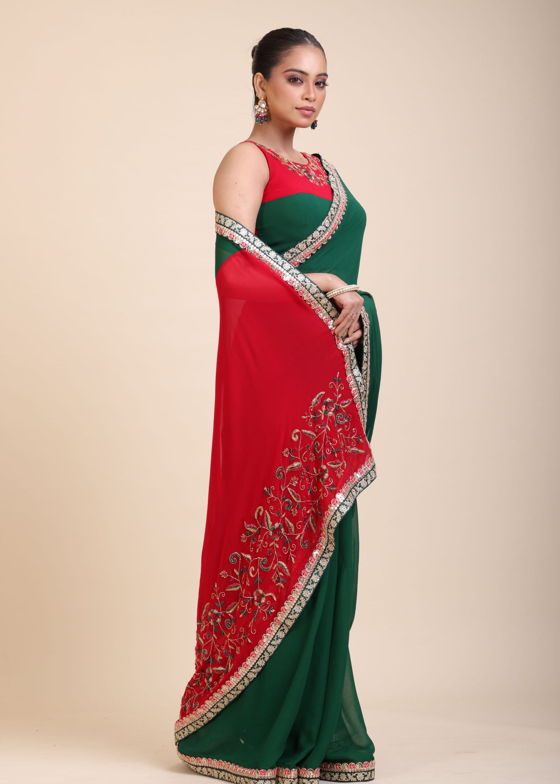Green Red Hand Embroidered Designer Saree Front

