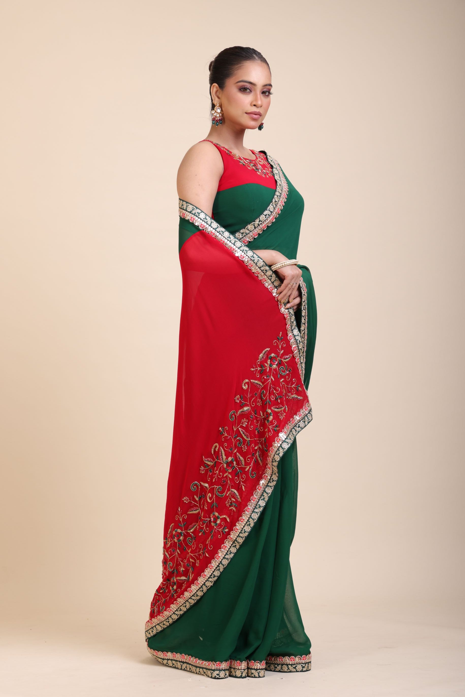 Green Red Hand Embroidered Designer Saree Front

