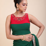 Green Red Hand Embroidered Designer Saree Close Up


