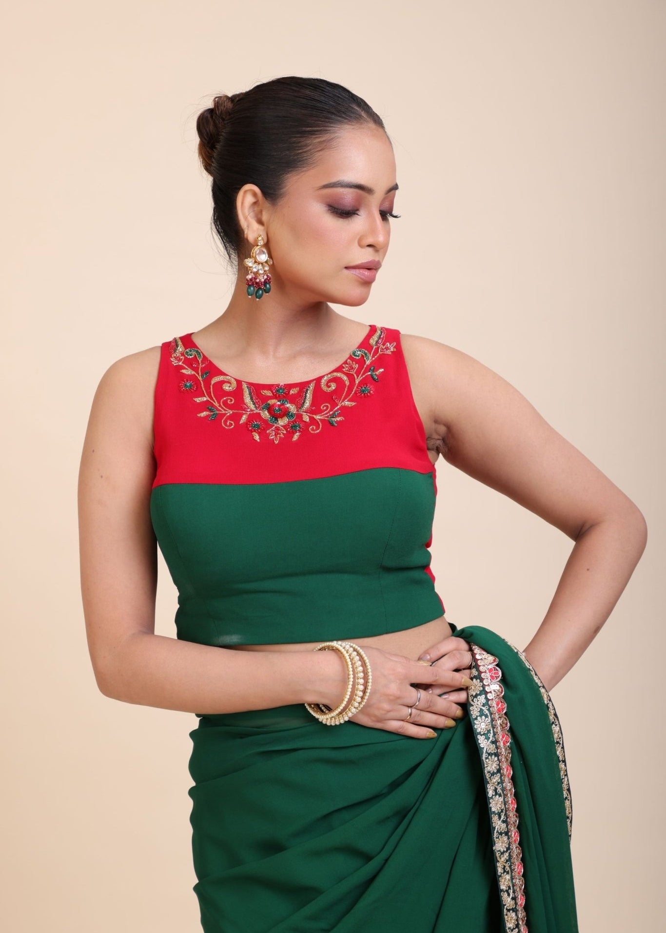 Green Red Hand Embroidered Designer Saree - Anvi Couture