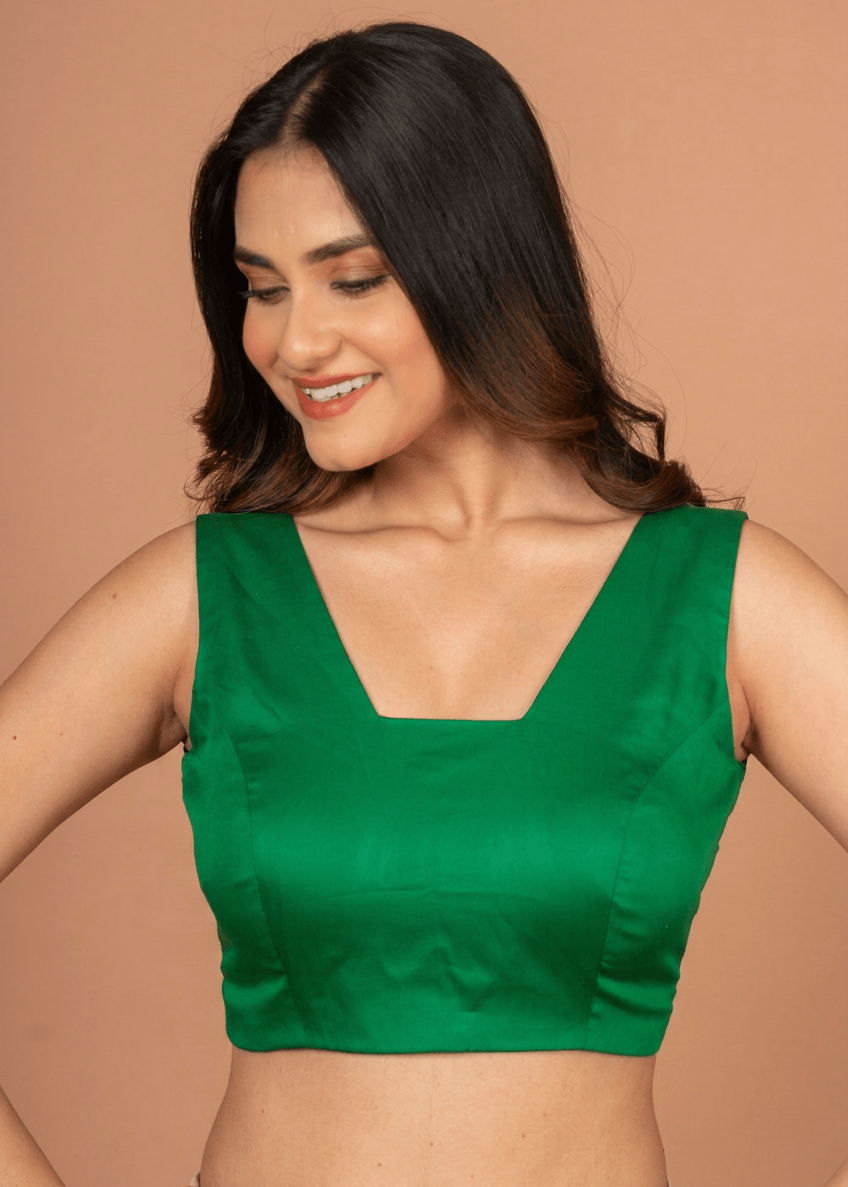 Green Scoop V Neck Sleeveless Blouse - Anvi Couture