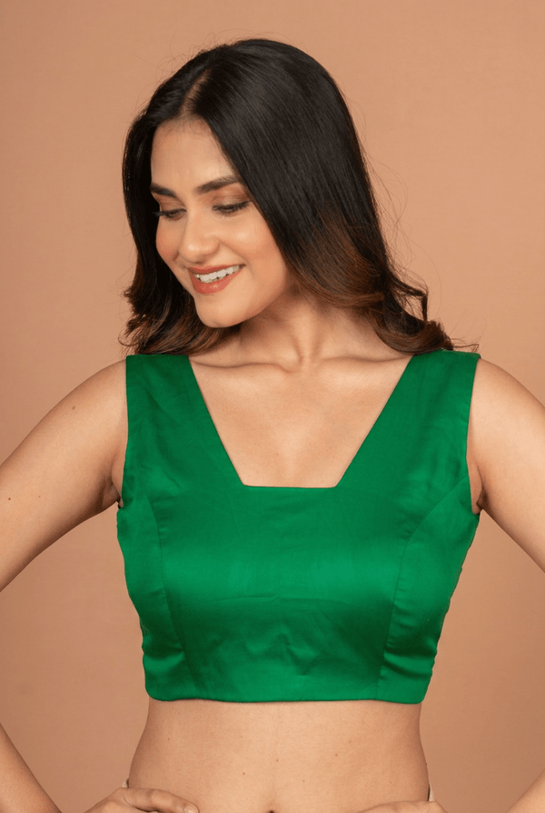 Green Scoop V Neck Sleeveless Blouse - Anvi Couture