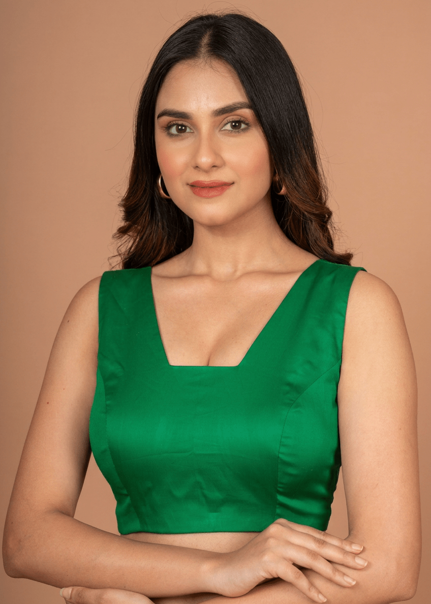 Green Scoop V Neck Sleeveless Blouse - Anvi Couture