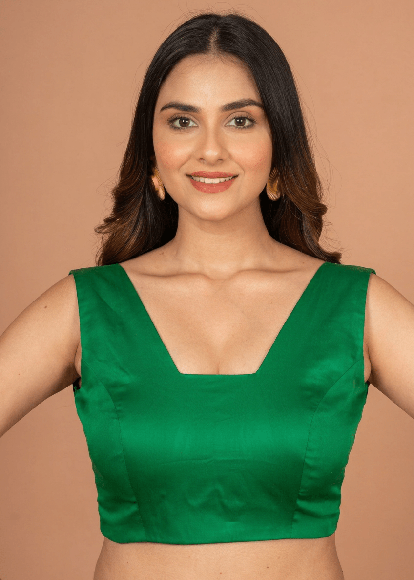Green Scoop V Neck Sleeveless Blouse - Anvi Couture