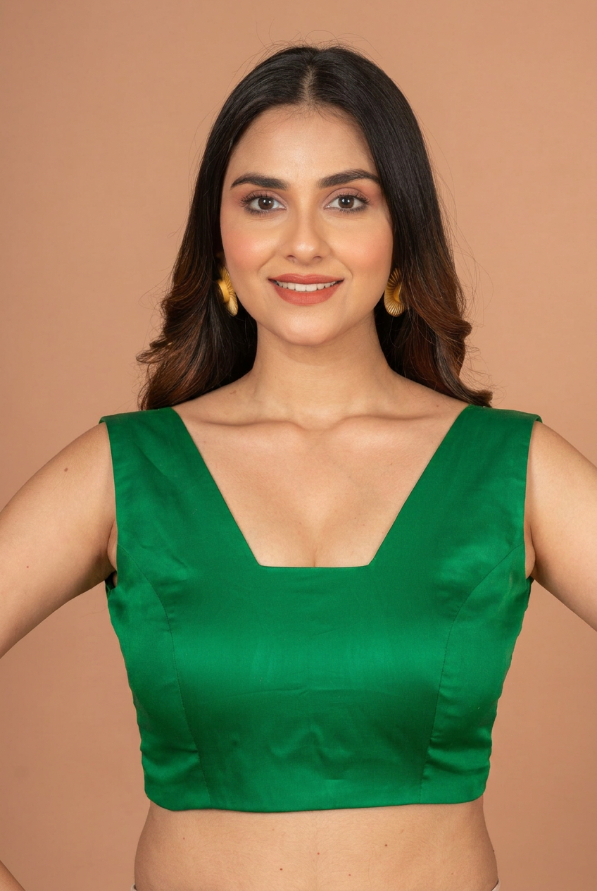 Green Scoop  V Neck Sleeveless Blouse close up