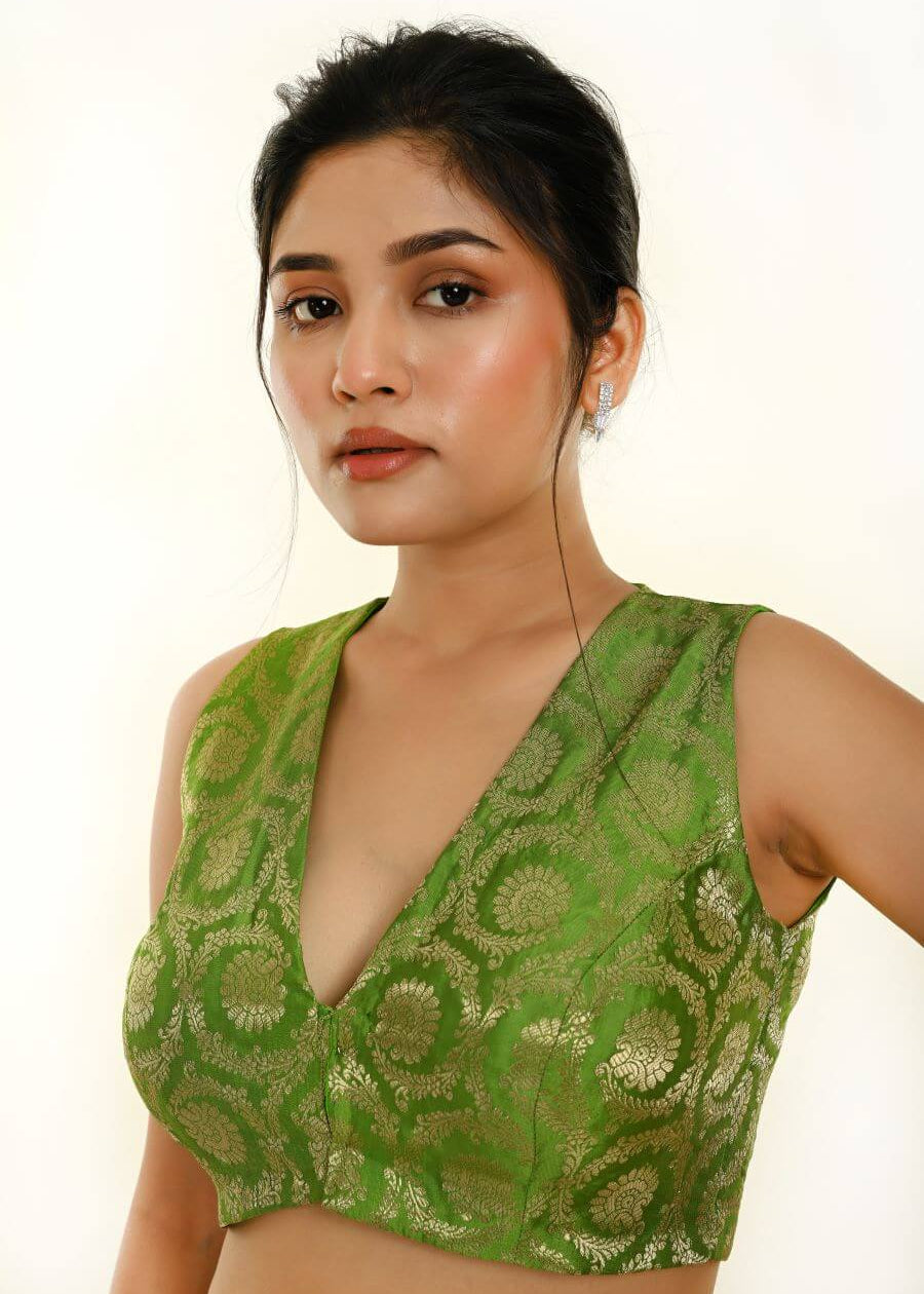 Green Sleeveless Brocade Silk Blouse with V Neckline -Anvi Couture