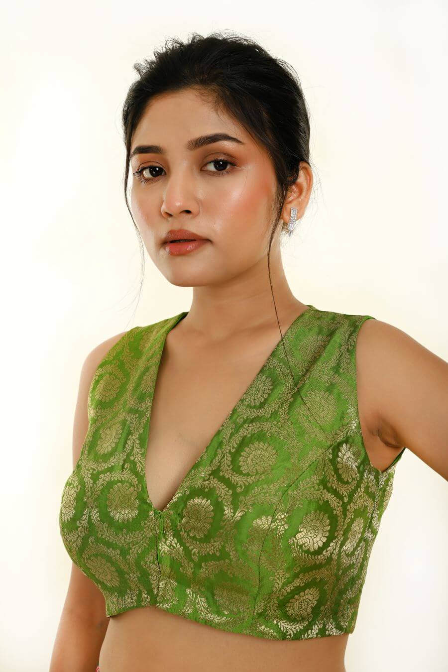 Green Sleeveless Brocade Silk Blouse with V Neckline -Anvi Couture