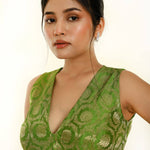 Green Sleeveless Brocade Silk Blouse with V Neckline -Anvi Couture