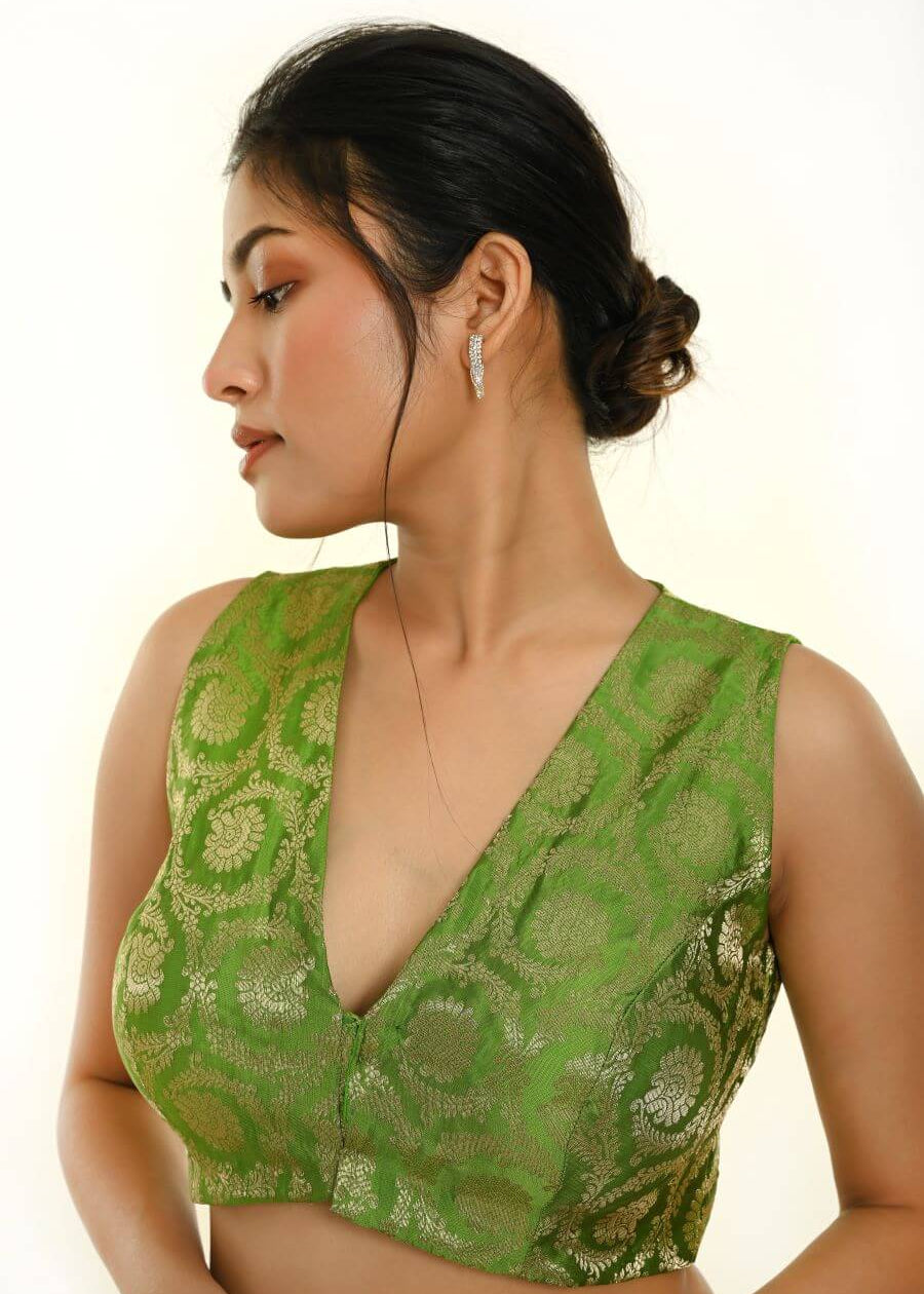 Green Sleeveless Brocade Silk Blouse with V Neckline -Anvi  Couture