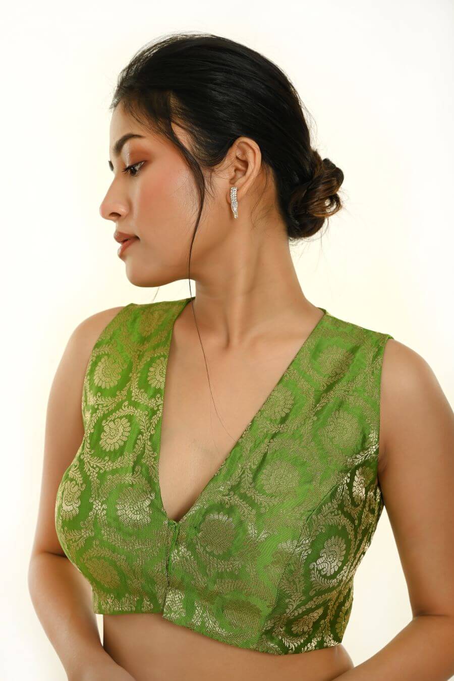 Green Sleeveless Brocade Silk Blouse with V Neckline -Anvi  Couture