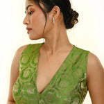 Green Sleeveless Brocade Silk Blouse with V Neckline -Anvi  Couture