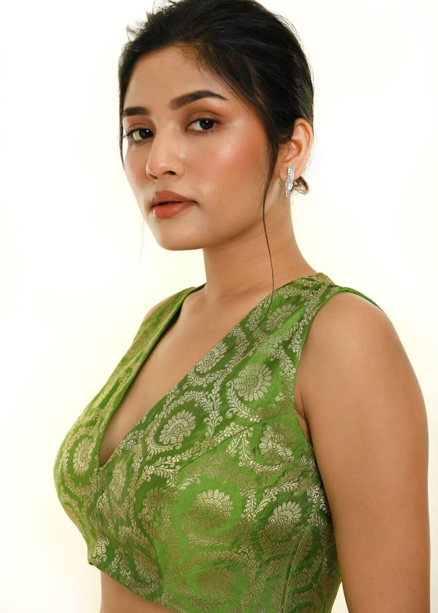 Green Sleeveless Brocade Silk Blouse with V Neckline -Anvi Couture