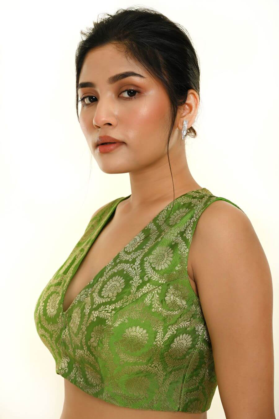 Green Sleeveless Brocade Silk Blouse with V Neckline -Anvi Couture