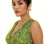 Green Sleeveless Brocade Silk Blouse with V Neckline -Anvi Couture