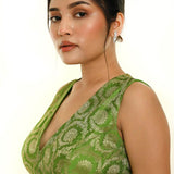 Green Sleeveless Brocade Silk Blouse with V Neckline -Anvi Couture