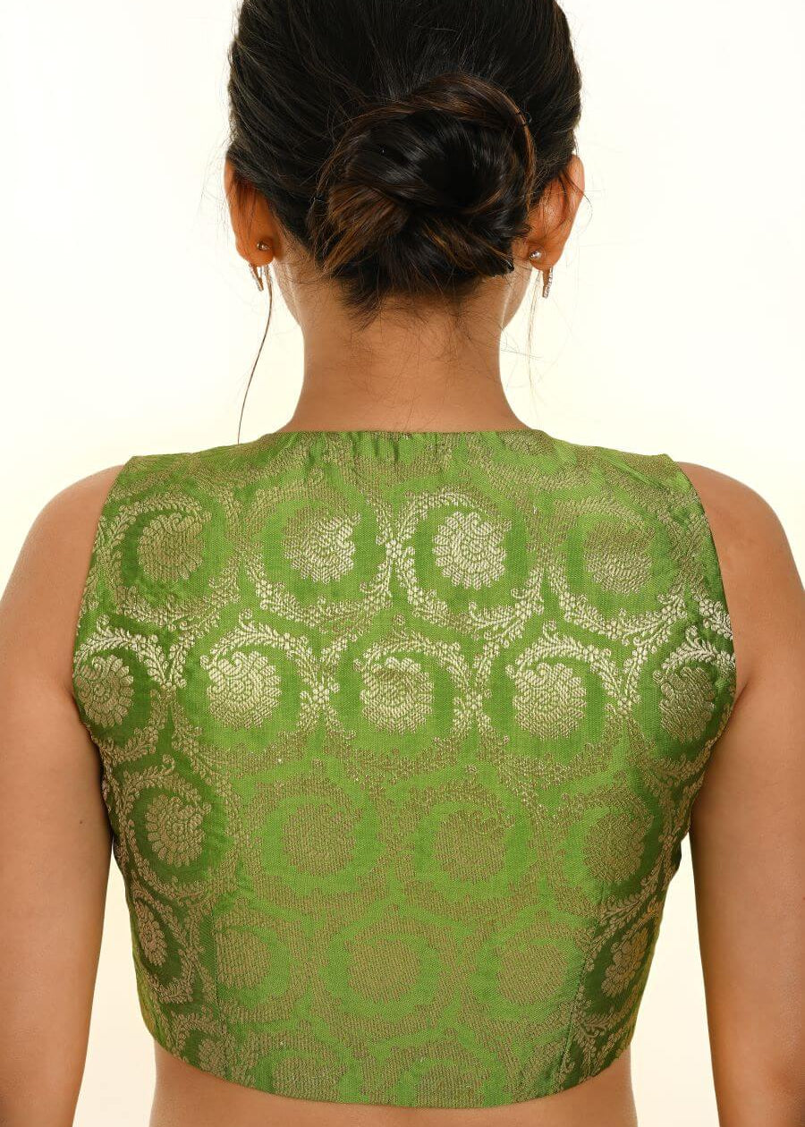 Green Sleeveless Brocade Silk Blouse with V Neckline - Anvi Couture
