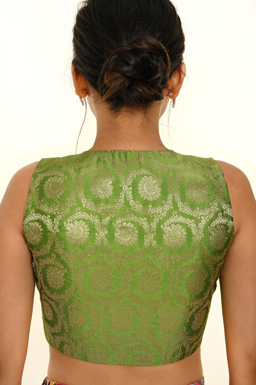 Green Sleeveless Brocade Silk Blouse with V Neckline - Anvi Couture