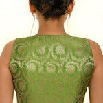 Green Sleeveless Brocade Silk Blouse with V Neckline - Anvi Couture