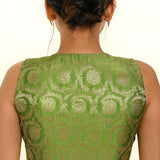 Green Sleeveless Brocade Silk Blouse with V Neckline - Anvi Couture