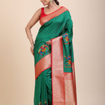 Green Soft Silk Saree With Red and Golden Border full