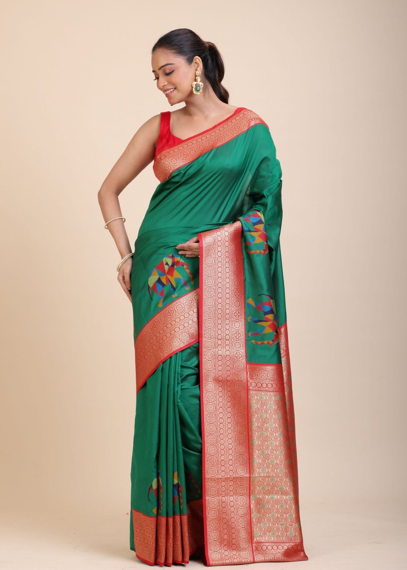 Green Soft Silk Saree With Red and Golden Border - Anvi Couture