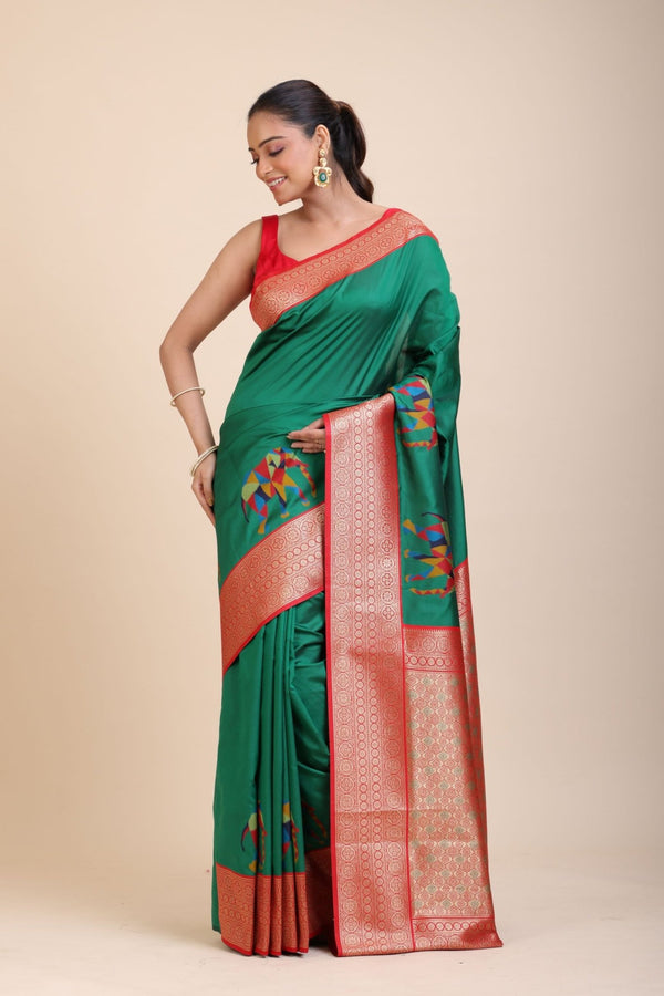 Green Soft Silk Saree With Red and Golden Border - Anvi Couture